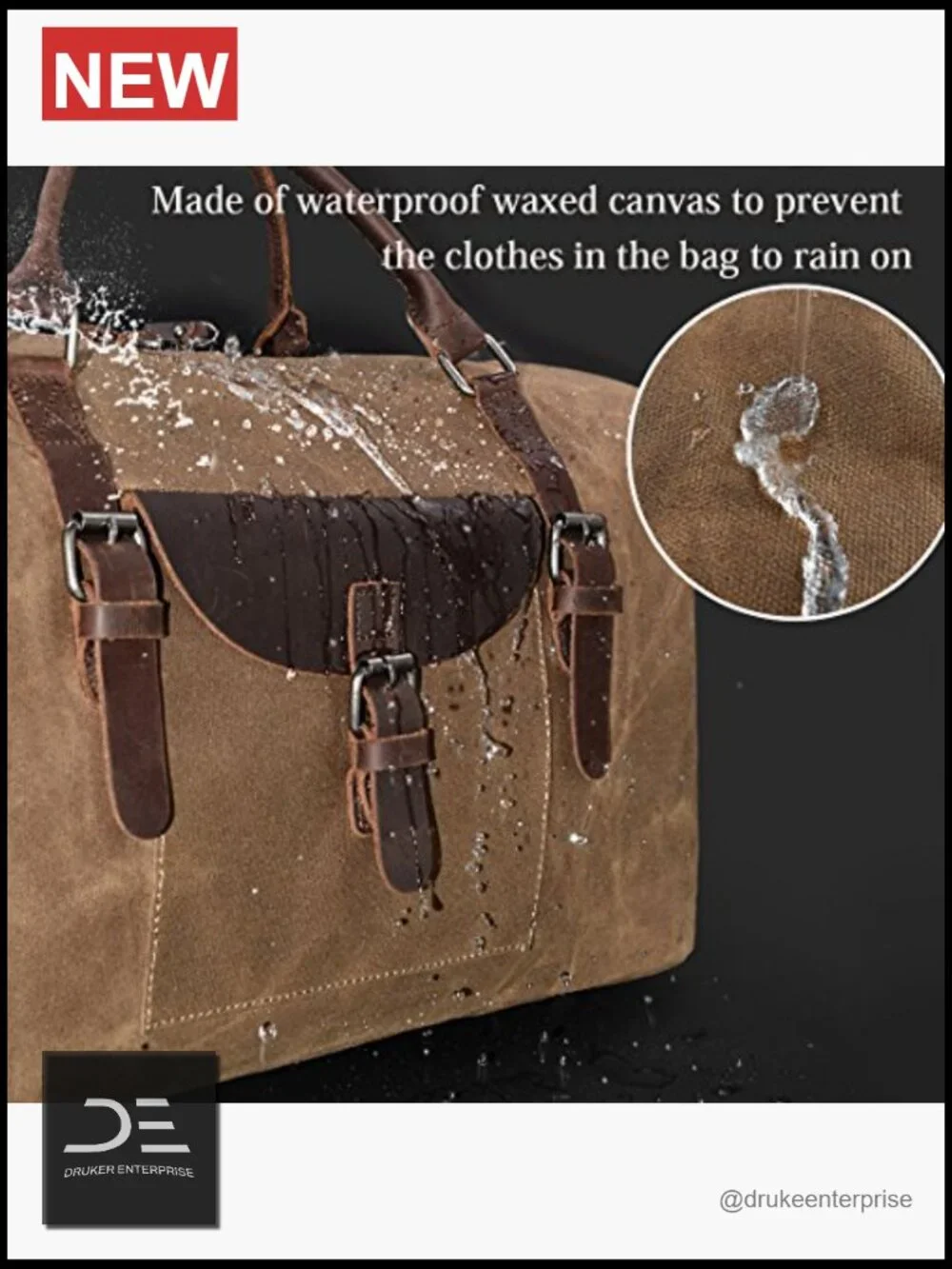 Large Waxed Canvas & Leather Travel Duffel Bag, Carry-on Weekender for Men, 55L